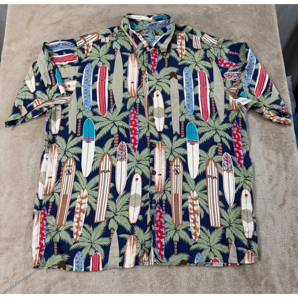 Vintage Reyn Spooner Hawaiian Aloha Shirt Mens XL Surfboard Palm Tree Rayon EUC